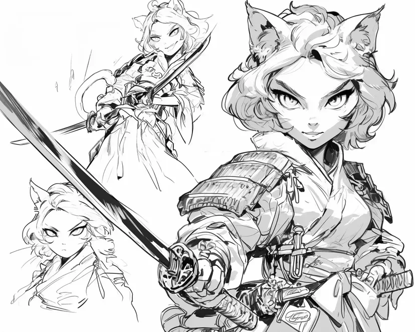 Coloriage Détermination de la Fille Chat Samouraï