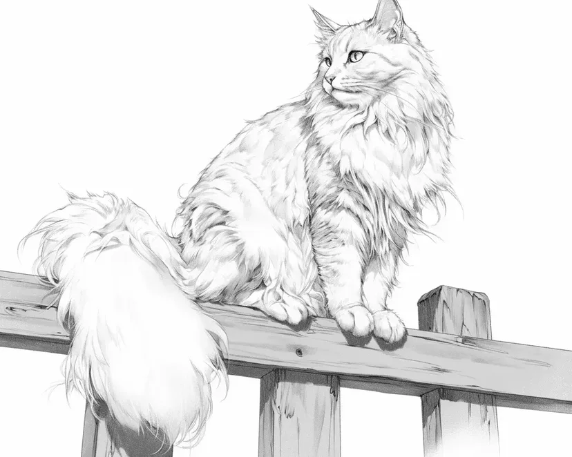 Dibujo de Gato Peludo en la Cerca para colorear