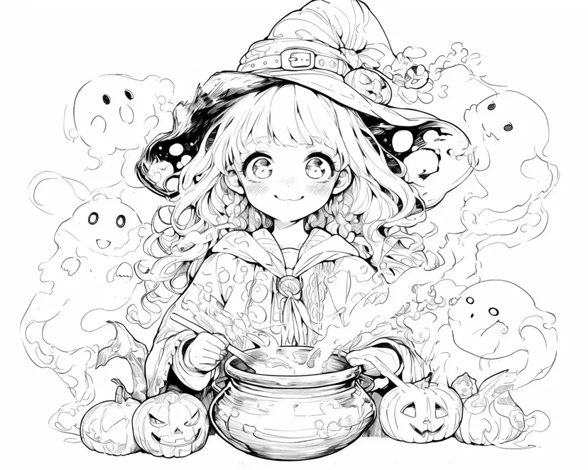 魔法の鍋と小さな魔女の塗り絵