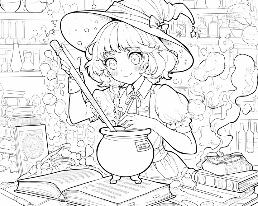 Dibujo de Pequeña Bruja Mezclando Magia para colorear