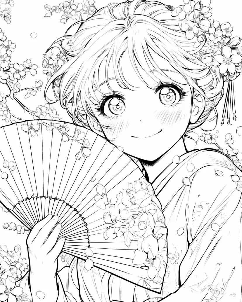 桜の舞う着物の少女の塗り絵