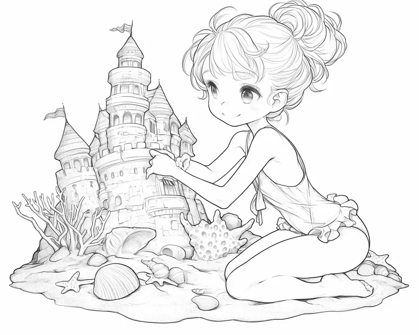 Dibujo de Niña Construyendo un Castillo de Arena para colorear