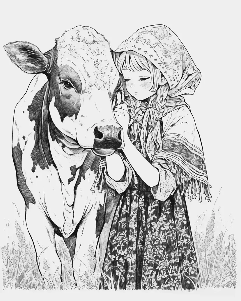 Coloriage Un Moment Réconfortant avec la Fille et la Vache