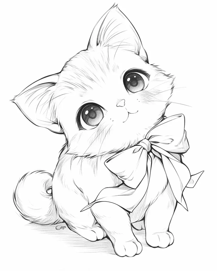 Dibujo de Gatito con Lazo para colorear