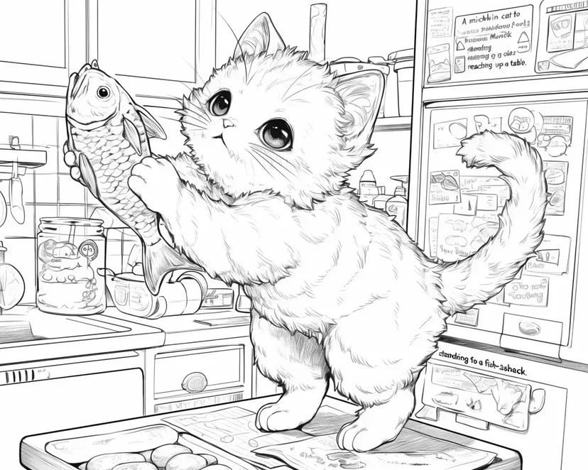 Dibujo de Gatito Travieso y el Pez para colorear