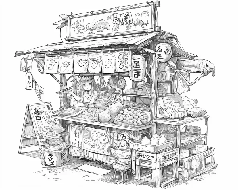 お祭りの屋台の塗り絵