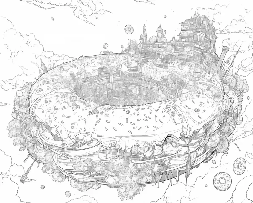 Coloriage La Ville Flottante sur un Donut