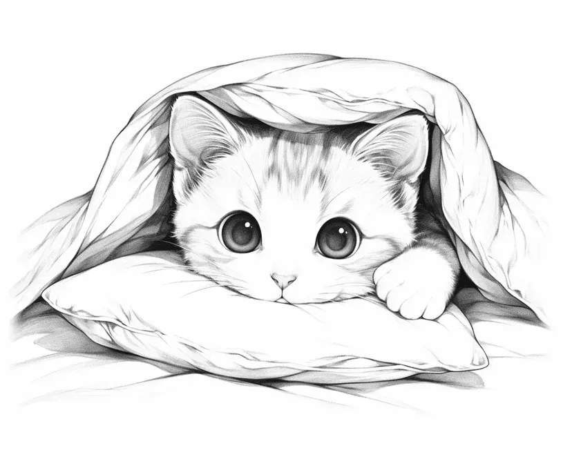 Cute Kitten Under the Blanket coloring page