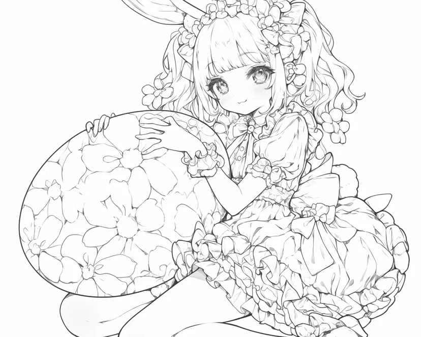 花のドレスを着たかわいい女の子の塗り絵