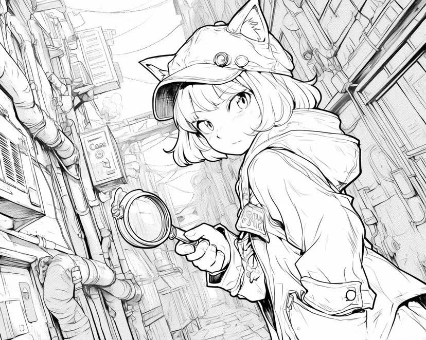 Coloriage Aventure du Détective aux Oreilles de Chat