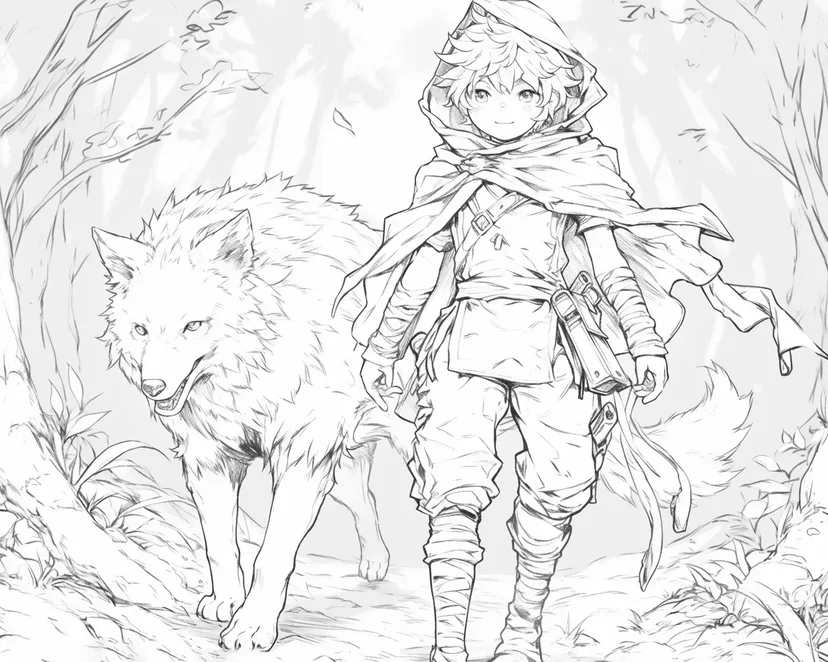 Dibujo de Niño y Lobo en el Bosque para colorear