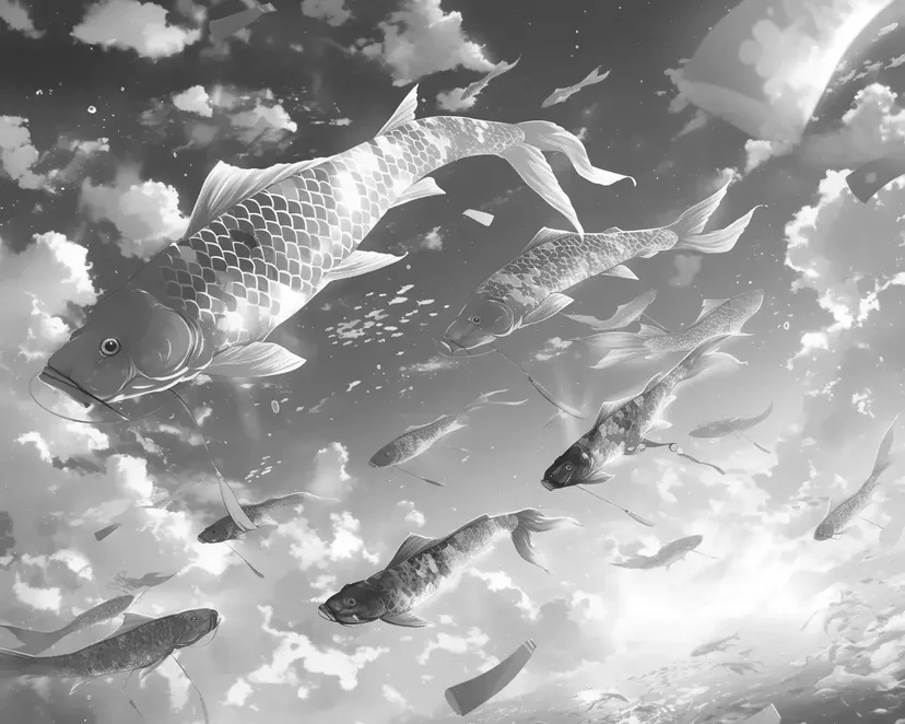 空を泳ぐ鯉のぼりの塗り絵