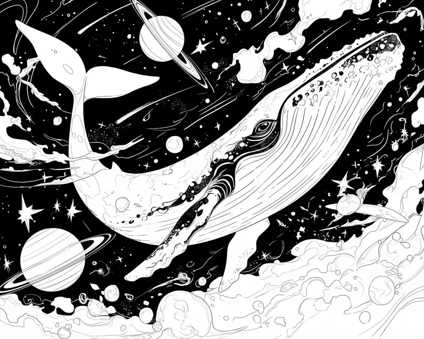 在宇宙中游泳的鲸鱼涂色页