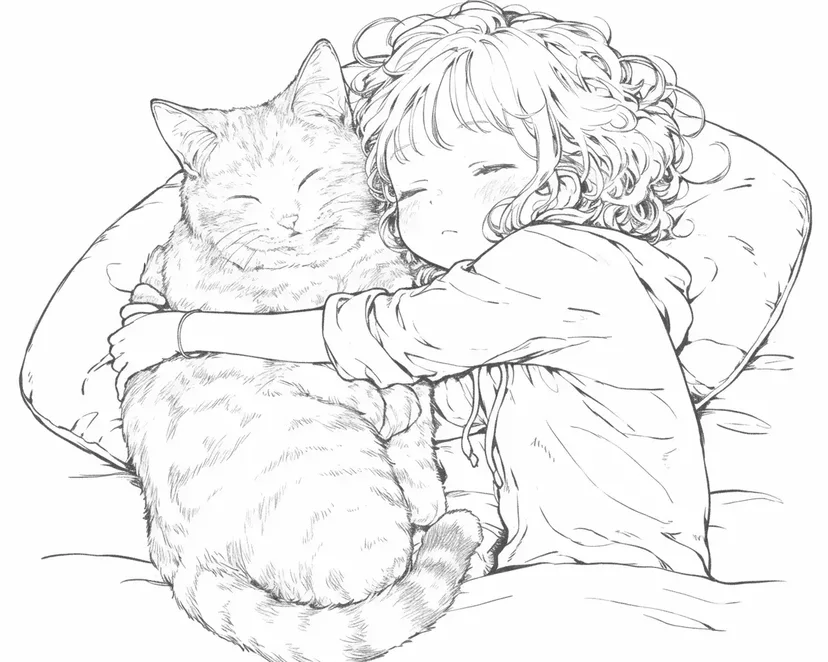 Dibujo de Niña Durmiendo con Gato Esponjoso para colorear