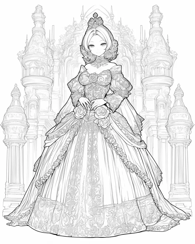 美しいプリンセスと壮麗な城の塗り絵