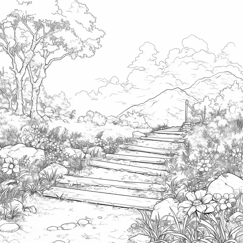 Mountain Path Scenery coloring page