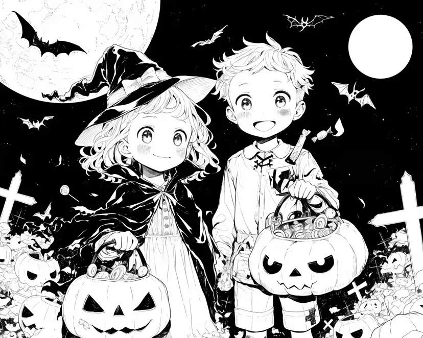 ハロウィンの夜の冒険の塗り絵