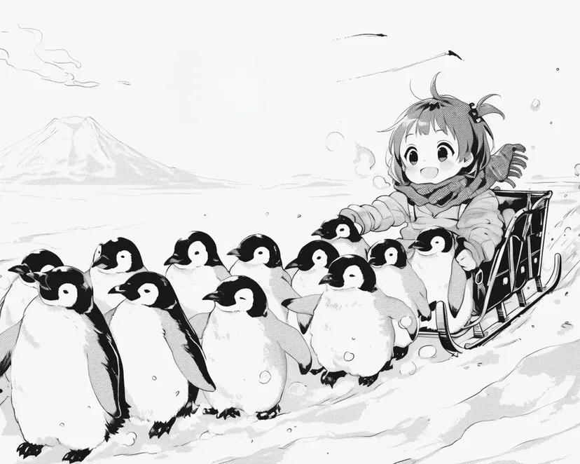 ペンギンと小さな冒険者の塗り絵