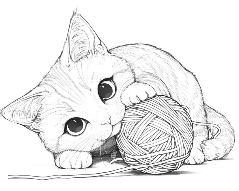 いたずら好きな子猫と毛糸玉の塗り絵
