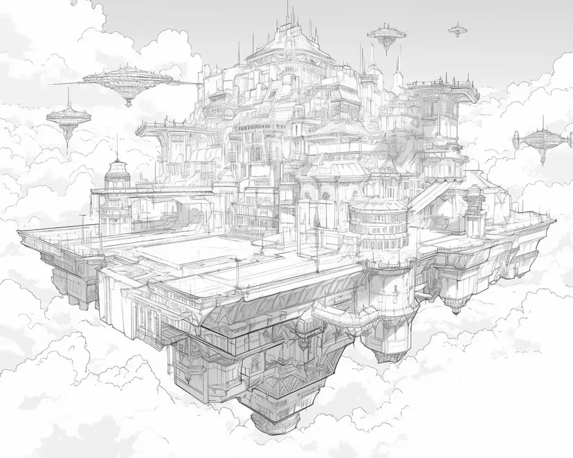 Desenho de Cidade Flutuante no Céu para colorir