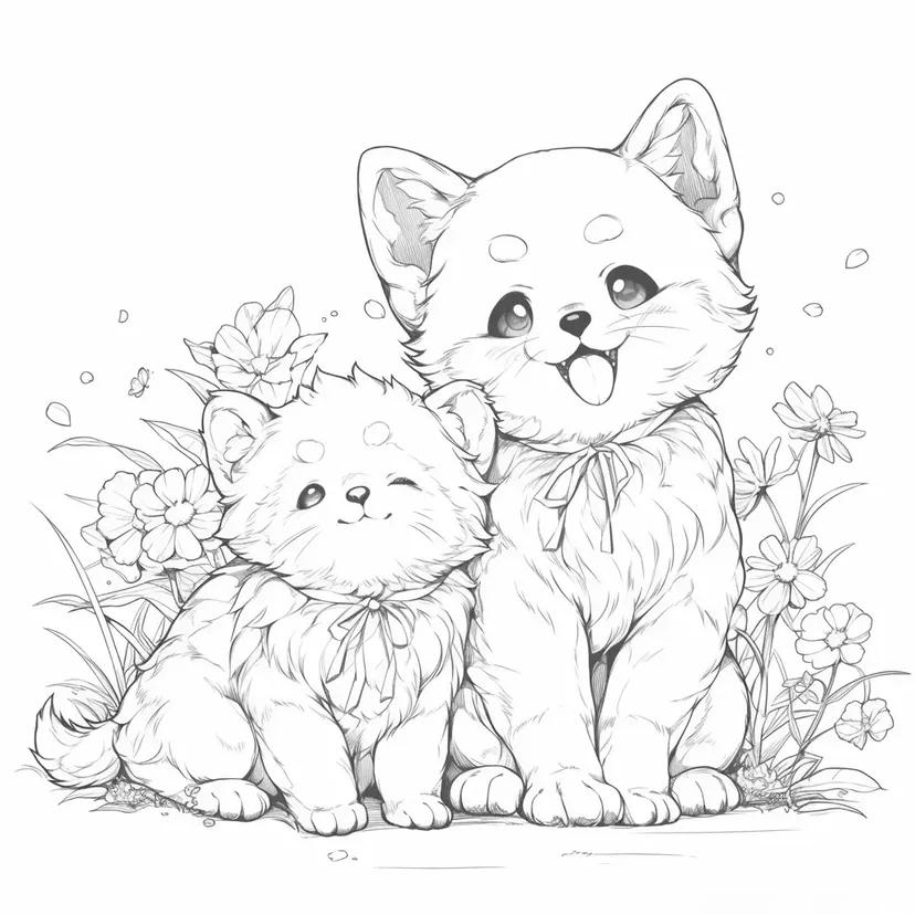 ふわふわ子猫たちの幸せなひとときの塗り絵