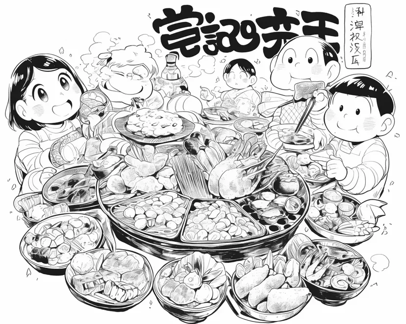 家族団らんのごちそうの塗り絵