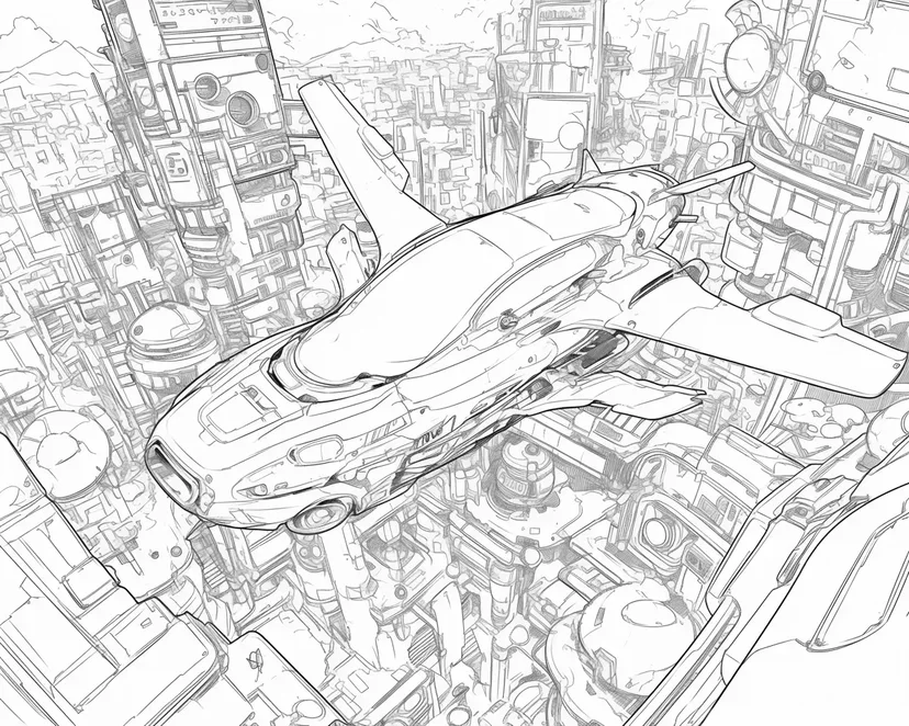 未来都市の飛行機の塗り絵