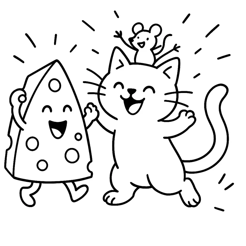 Dibujo de Fiesta de Queso, Gato y Ratón para colorear