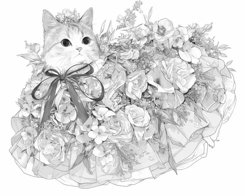 Gambar mewarnai Kucing dalam Gaun Bunga