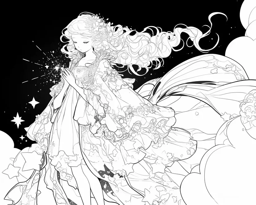 बादलों पर सितारा लड़की रंग भरने का चित्र