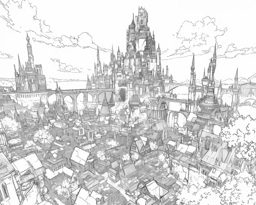 Dibujo de Castillo y Pueblo de Fantasía para colorear
