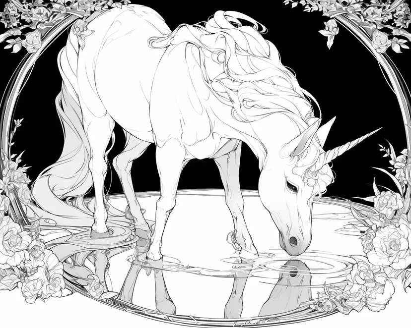 水を飲むユニコーンの塗り絵