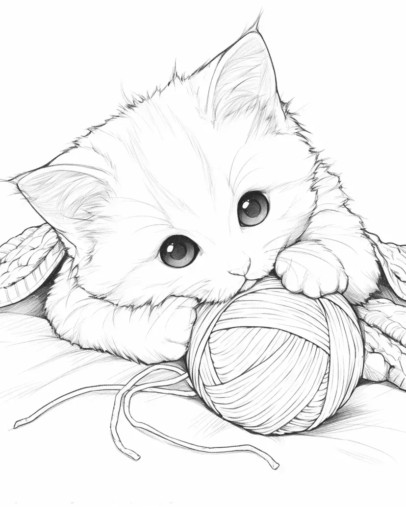 玩毛线球的小猫涂色页