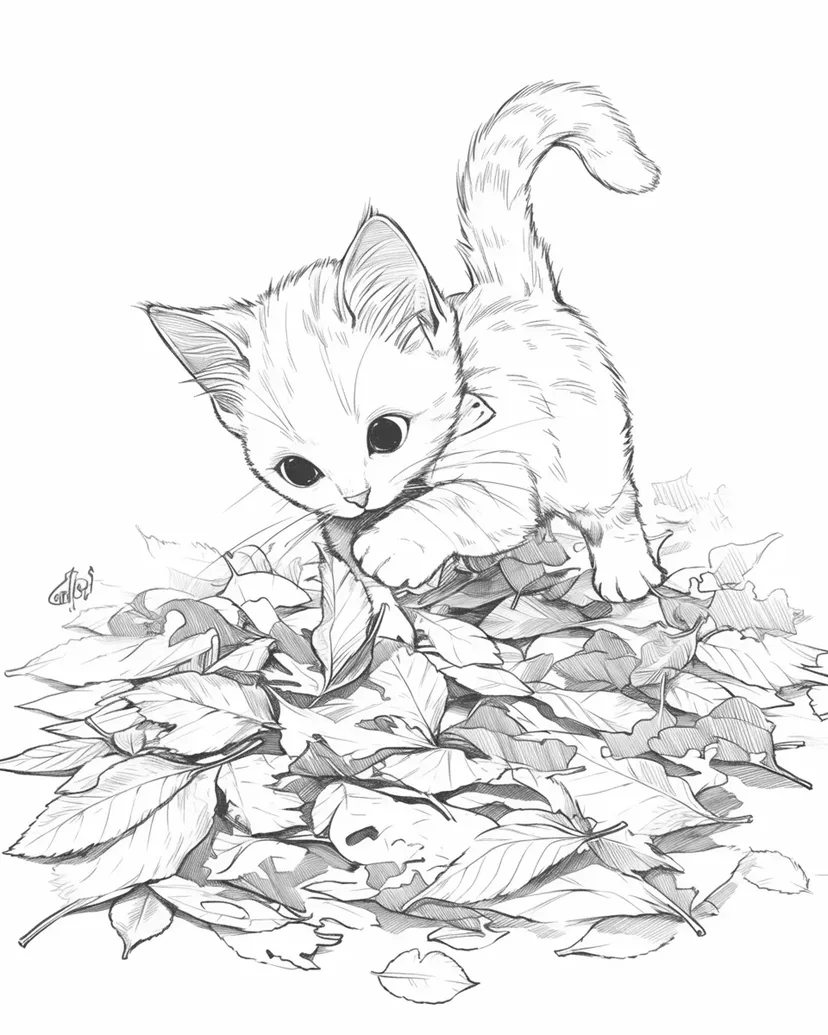 秋の葉っぱと子猫の塗り絵