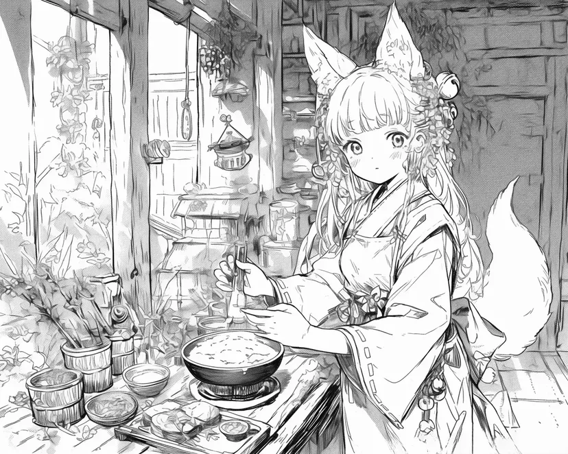 Dibujo de Chica con Orejas de Zorro Cocinando para colorear