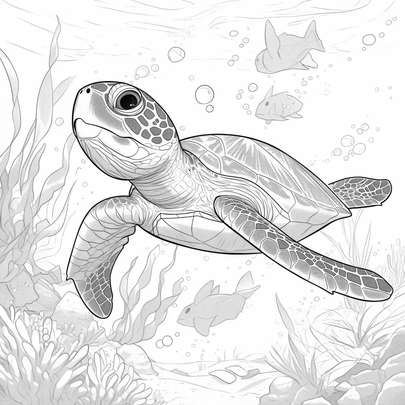 海の中を泳ぐウミガメの塗り絵