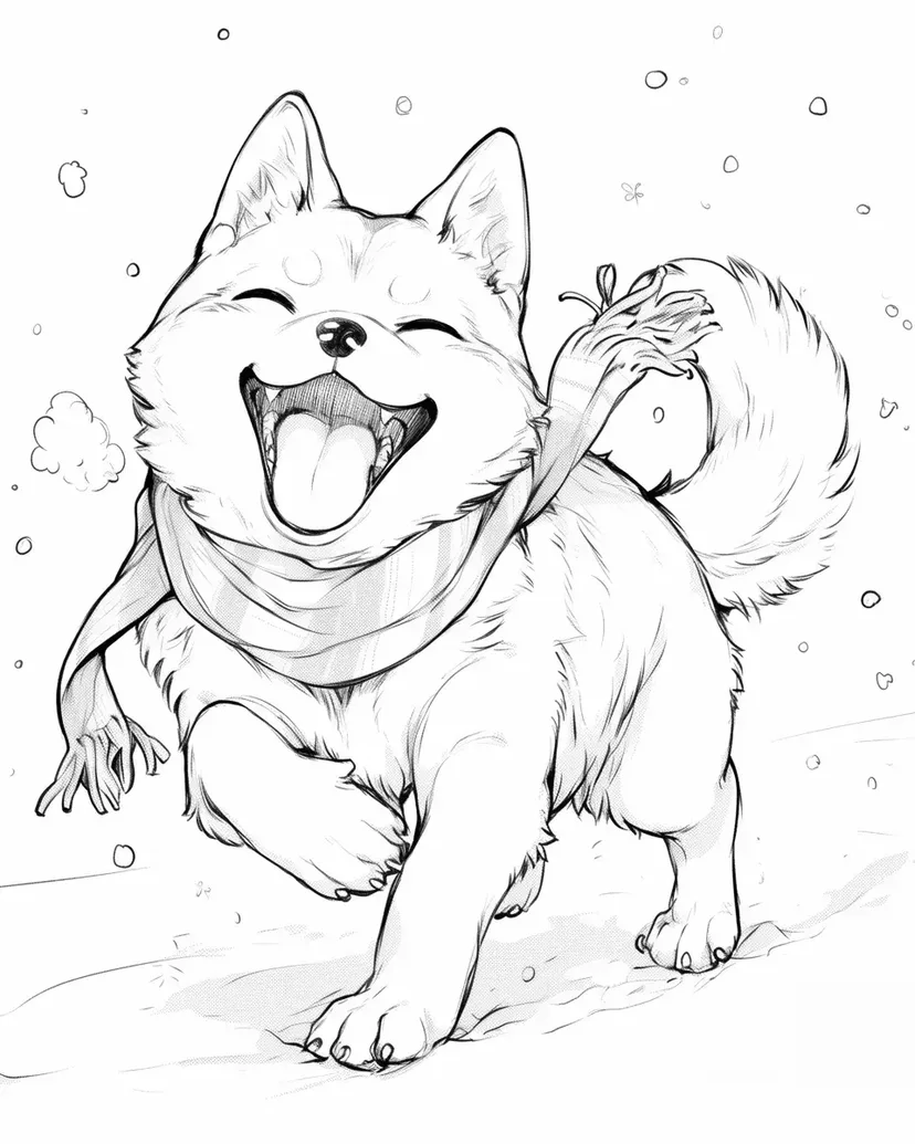 雪の中で遊ぶ幸せな犬の塗り絵