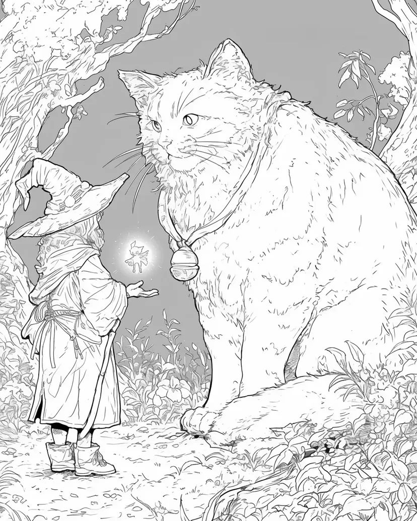 Dibujo de Gato y Mago en el Bosque Encantado para colorear