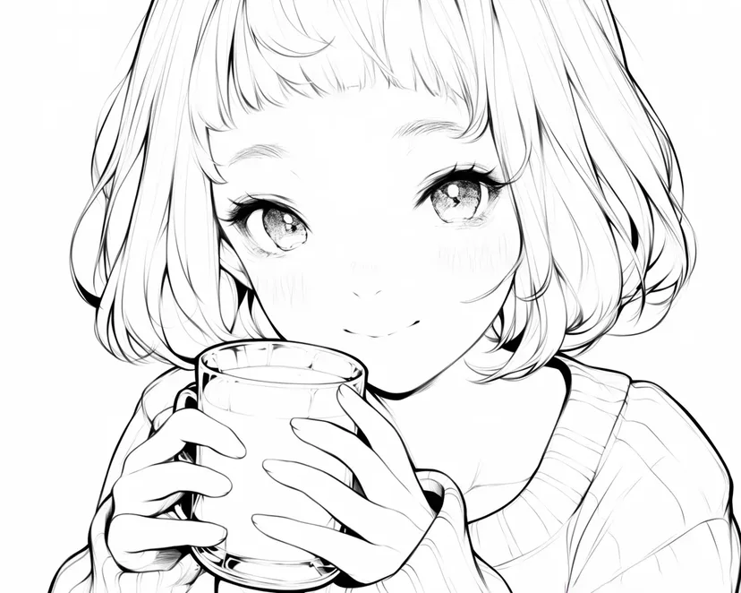温かい飲み物を楽しむ少女の塗り絵
