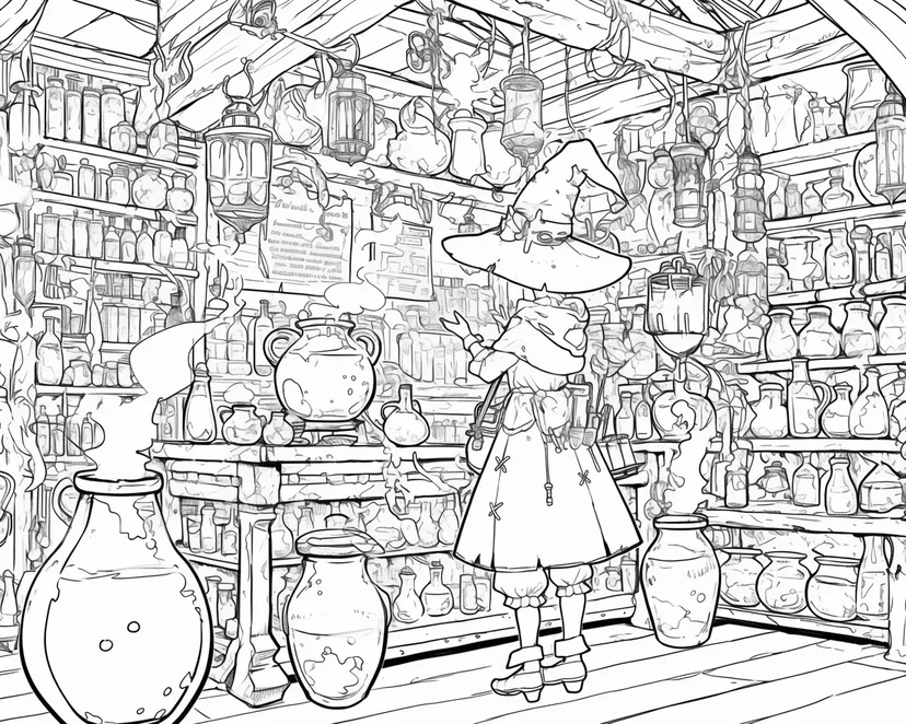 The Witch's Mysterious Potion Shop coloring page