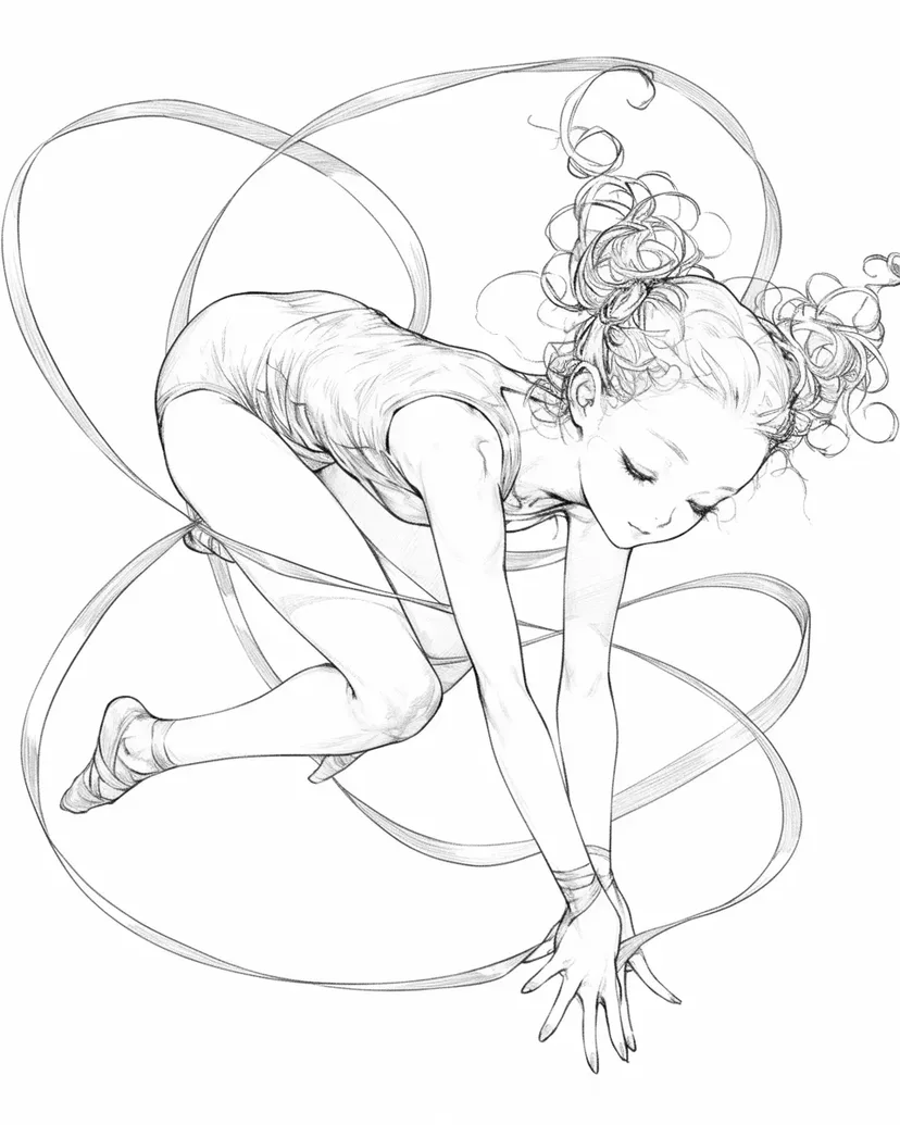 リボンで舞う体操選手の塗り絵