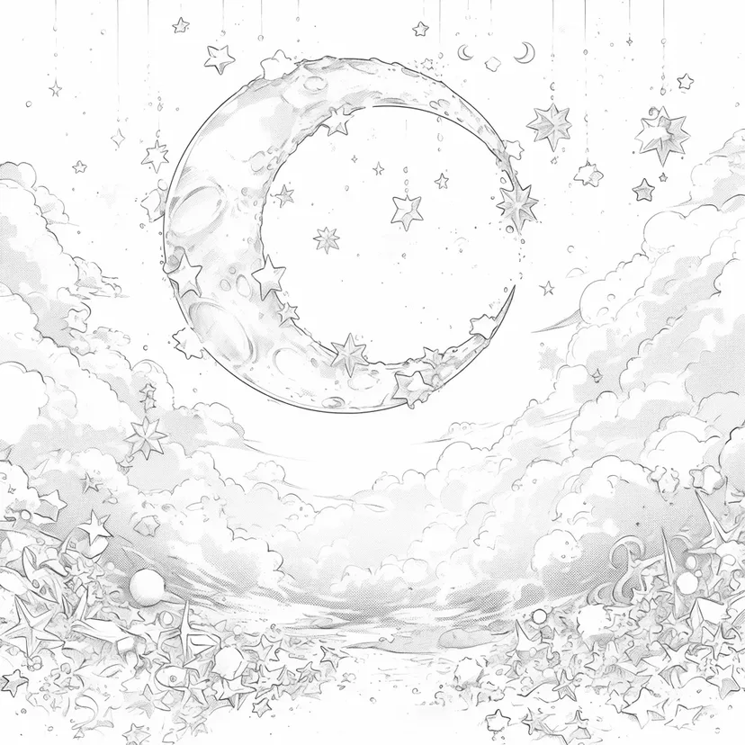 星降る夜の月の塗り絵