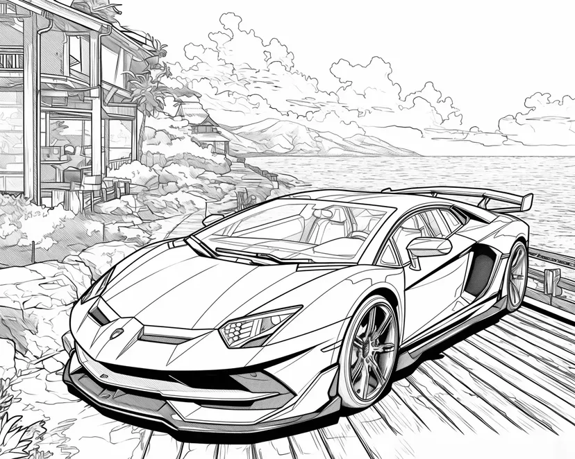 海沿いの豪華なスポーツカーの塗り絵