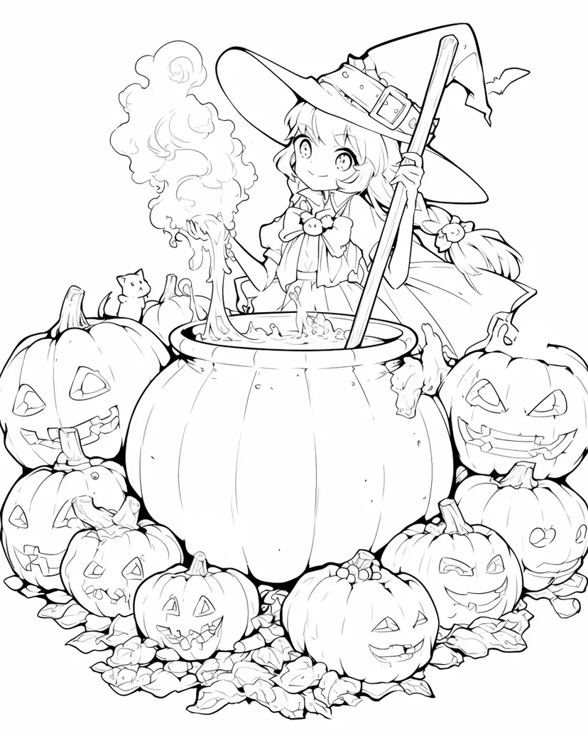 魔女とジャック・オー・ランタンの魔法の塗り絵