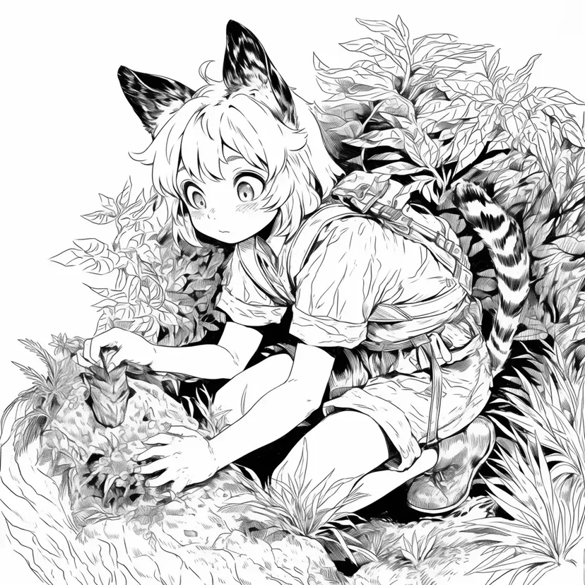 ジャングルの中の探検家の少女の塗り絵