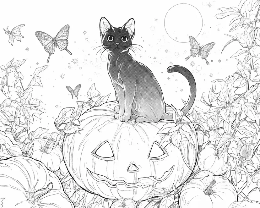 ジャック・オー・ランタンと黒猫の塗り絵