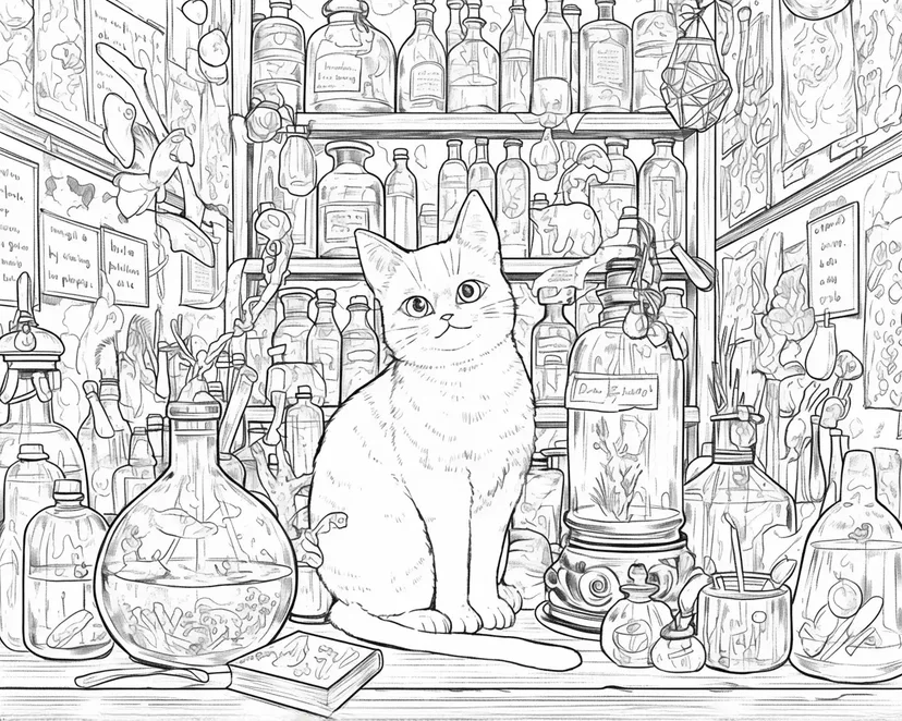 魔法药水与猫涂色页