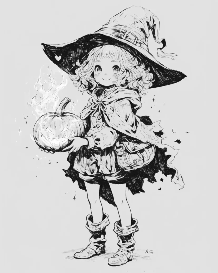 小さな魔女と光るカボチャの塗り絵