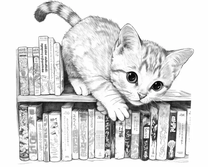 Dibujo de Gatito en la Estantería para colorear