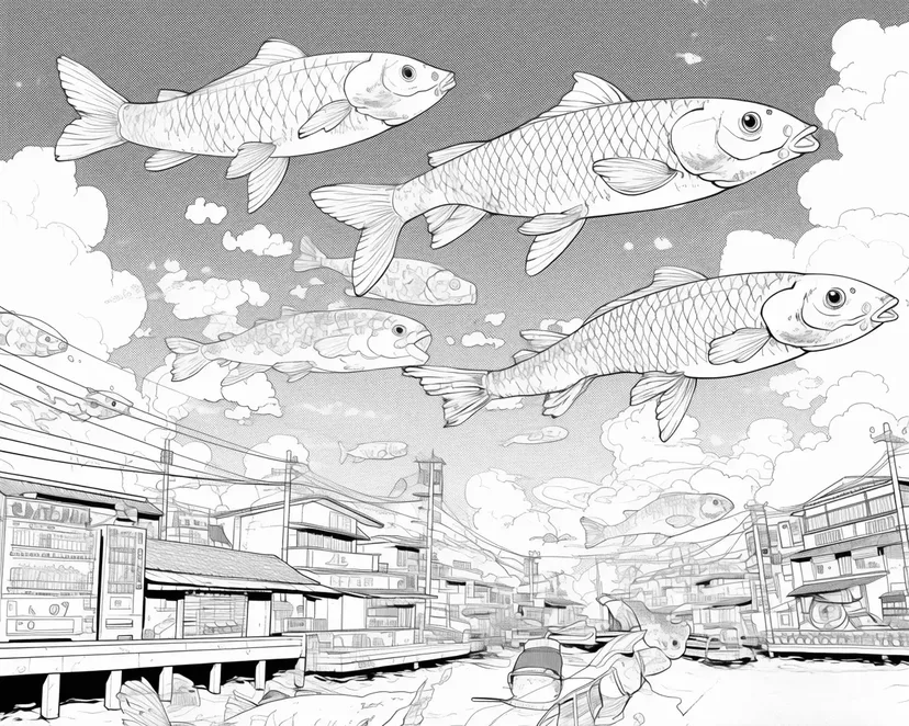 空を泳ぐ鯉たちの塗り絵